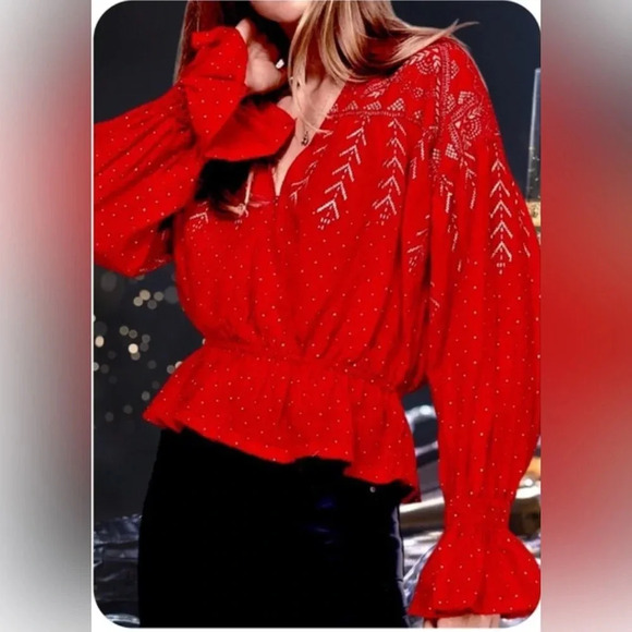 Free People Counting Stars Red Peasant Top - Picture 1 of 8